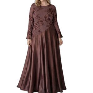 Anewsta Brown Floral Applique Satin Midi Dress XL Long Sleeve Fit Flare NWT